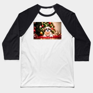 Shih Tzu Puppy by Christmas Tree in Holiday Studio Scene Baseball T-Shirt
